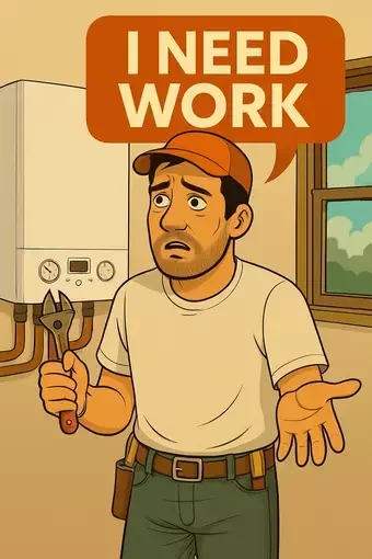 An image of a distressed gas engineer standing in front of a boiler, holding a wrench with a sad expression. An orange speech bubble above his head reads 'I NEED WORK.' The background shows a window with a cloudy sky and pipes near the boiler