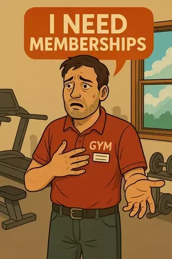 An image of a distressed gym employee in a red gym shirt standing in a gym. He has a sad expression and is holding his chest with one hand, while an orange speech bubble above his head reads 'I NEED MEMBERSHIPS.' The background shows gym equipment like treadmills and dumbbells