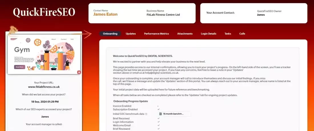 Screenshot of the QuickFireSEO client portal showing the onboarding section for FitLab Fitness Centre Ltd. The page includes project details, onboarding progress updates, and contact information for the account manager. The interface allows clients to track their SEO project’s progress and stay informed