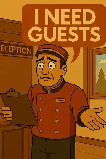 This image shows a concerned hotel receptionist holding a clipboard beneath a speech bubble that reads “I need guests,” set against a backdrop of a hotel reception area. On our SEO for Hotels page, it reflects how QuickFireSEO helps hotels improve online visibility to attract more bookings and fill empty rooms.