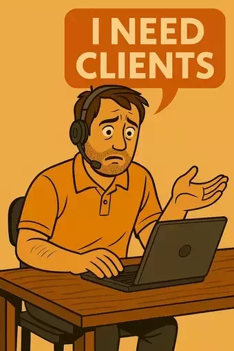 A vintage-style cartoon of a worried IT professional seated at a wooden desk, wearing a headset and looking at his open laptop. Above his head is a bold orange speech bubble with white text that reads “I NEED CLIENTS,” set against a warm, muted background.