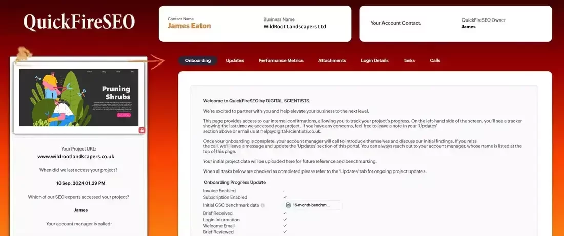 This image shows the QuickFireSEO client portal dashboard for a landscaping SEO project. It features the project URL, contact details, and onboarding progress for WildRoot Landscapers Ltd. Tabs across the top include onboarding, updates, performance metrics, and more.