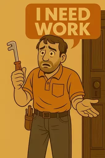A vintage-style cartoon illustration of a worried locksmith standing in his workshop. He wears an orange polo shirt, tool belt holding lock picks and grips a lock-pick tool in one hand while gesturing with the other. Behind him is a wooden door, and above his head is a bold orange speech bubble reading “I NEED WORK.”