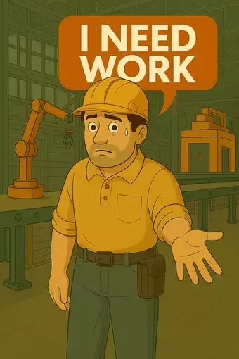 This image shows a cartoon-style factory worker in a yellow hard hat and uniform standing inside a manufacturing facility, looking worried with his hand outstretched. Above his head is an orange speech bubble that reads "I NEED WORK."
