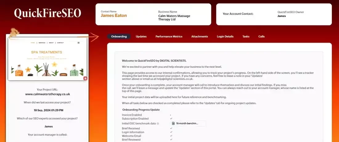 The image shows the QuickFireSEO portal for the client Calm Waters Massage Therapy Ltd. It displays an overview of the project, including details like the business name, website URL, and onboarding progress. The page offers insights into the project’s status, with options for viewing updates, performance metrics, and other project details, providing a comprehensive view for the client to track progress and collaborate with their account manager.