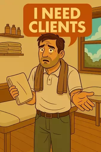 This image shows a cartoon character in a massage therapy setting, holding a towel and looking concerned. He is wearing a polo shirt with a towel draped over his shoulders, and has a speech bubble above him that says 'I NEED CLIENTS.' The character appears to be in need of more clients for his massage therapy business