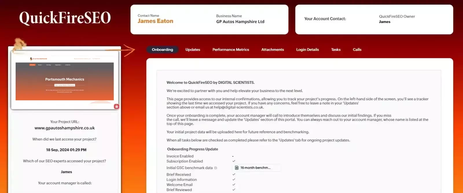 QuickFireSEO dashboard for a mechanic client, showing project progress, onboarding steps, and performance metrics for the business 'GP Autos Hampshire Ltd'. The image includes navigation tabs such as Onboarding, Updates, and Performance Metrics for tracking SEO project status.