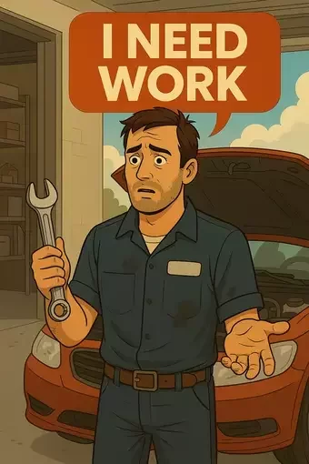 A mechanic holding a wrench with a concerned expression, standing next to a car in a garage with the speech bubble 'I NEED WORK.' This image represents the need for new job opportunities in the automotive industry.