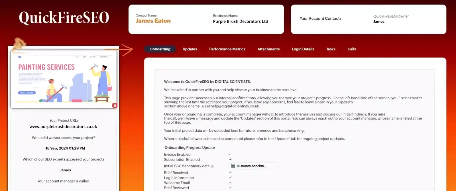 This image shows a screenshot of the QuickFireSEO portal for Purple Brush Decorators Ltd. On the left, a website preview displays a landing page titled "Painting Services" with illustrations of two decorators, one painting a wall and the other seated with a roller. On the right, the portal interface outlines onboarding progress, project access details, and task updates. This visual demonstrates how decorators can monitor SEO progress and website performance through the QuickFireSEO platform.