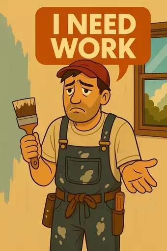 This image shows a sad-looking painter and decorator standing indoors, holding a paintbrush in one hand and gesturing with the other. He is wearing overalls, a red cap, and a tool belt, with paint stains on his clothes. A speech bubble above him says "I NEED WORK." This visual represents tradespeople in need of more jobs and supports the message on our SEO for Painters and Decorators page.