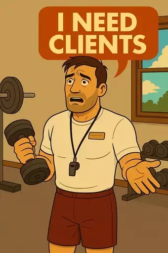 An image of a personal trainer in a gym holding a dumbbell, looking concerned while saying 'I need clients' in a speech bubble. The background features gym equipment like dumbbells and a window with a scenic view