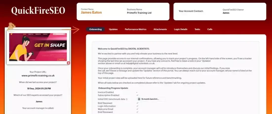 QuickFireSEO client portal showing project details for PrimeFit Training Ltd. The portal includes information on onboarding progress, task updates, and account management for the SEO project