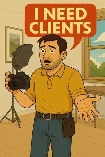 This image shows a cartoon-style photographer standing in a studio, looking distressed while holding a camera. An orange speech bubble above his head reads "I NEED CLIENTS." The background includes a window, framed photos on the wall, and a lighting setup, representing a typical photography workspace.