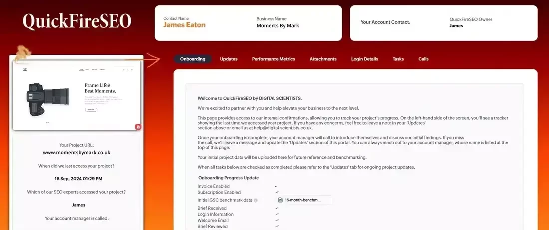 This image shows the QuickFireSEO client portal for a photography business called "Moments By Mark." The screen displays the onboarding tab, where the client can view their project details, onboarding progress, and recent updates. On the left, there’s a preview of the client's website with the tagline “Frame Life’s Best Moments,” featuring a camera illustration.