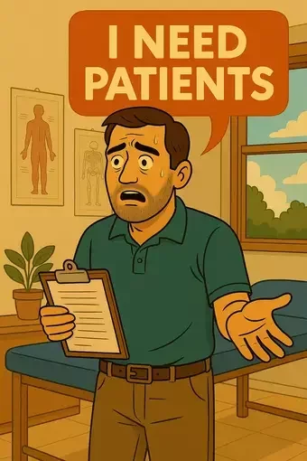 This cartoon-style illustration shows a worried physiotherapist standing in a treatment room holding a clipboard. He’s wearing a teal polo shirt and khaki pants, and above his head is a bold orange speech bubble that reads “I NEED PATIENTS.” In the background are anatomical charts on the wall, a therapy table, and a window overlooking trees.