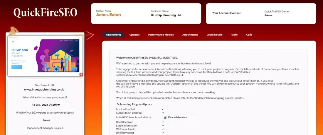 This image shows the QuickFireSEO portal for BlueTap Plumbing, displaying project updates, onboarding progress, and SEO task status. It allows tracking of project development and communication with the account manager.
