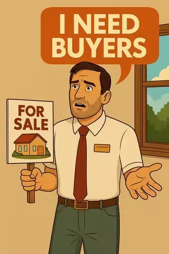 This image shows a cartoon-style real estate agent standing in front of a window and holding a "For Sale" sign. He has a worried expression and a speech bubble above him that reads "I NEED BUYERS." The illustration is used on the QuickFireSEO SEO for Real Estate page to represent agents struggling to attract clients online.