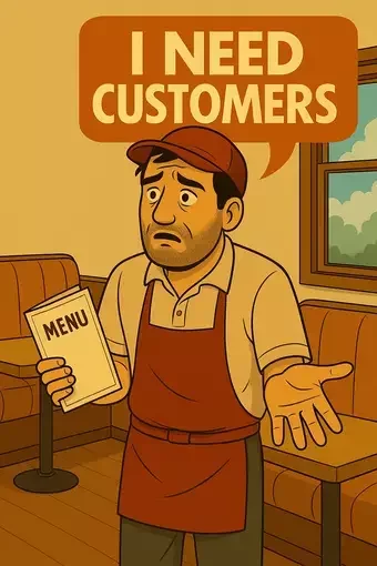 This image shows a distressed restaurant worker standing in an empty dining area, holding a menu in one hand and gesturing helplessly with the other. Above him, an orange speech bubble reads “I NEED CUSTOMERS.” At QuickFireSEO, we use powerful local SEO strategies to help restaurants like yours attract more diners, improve visibility on Google, and turn online searches into booked tables.