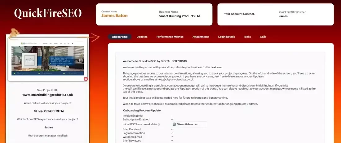 Screenshot of the QuickFireSEO portal customised for a retail client. The top banner displays the QuickFireSEO logo on a red-orange gradient background, with fields for Contact Name, Business Name and an Account Contact. Below is a tabbed navigation bar with sections for Onboarding, Updates, Performance Metrics, Attachments, Login Details, Tasks, and Calls. On the left sidebar is a client’s “Smart Building Products” website with the project URL, last access date, and the name of the SEO team member who viewed it.