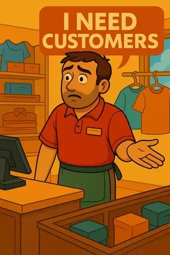 A vibrant, cartoon-style illustration of a worried retail worker standing behind a wooden checkout counter in a brightly lit store. He wears a red polo and green apron, his hand raised in a pleading gesture. Above his head is an orange speech bubble with bold white text: “I NEED CUSTOMERS.” Shelves of folded clothes and hanging garments line the background.