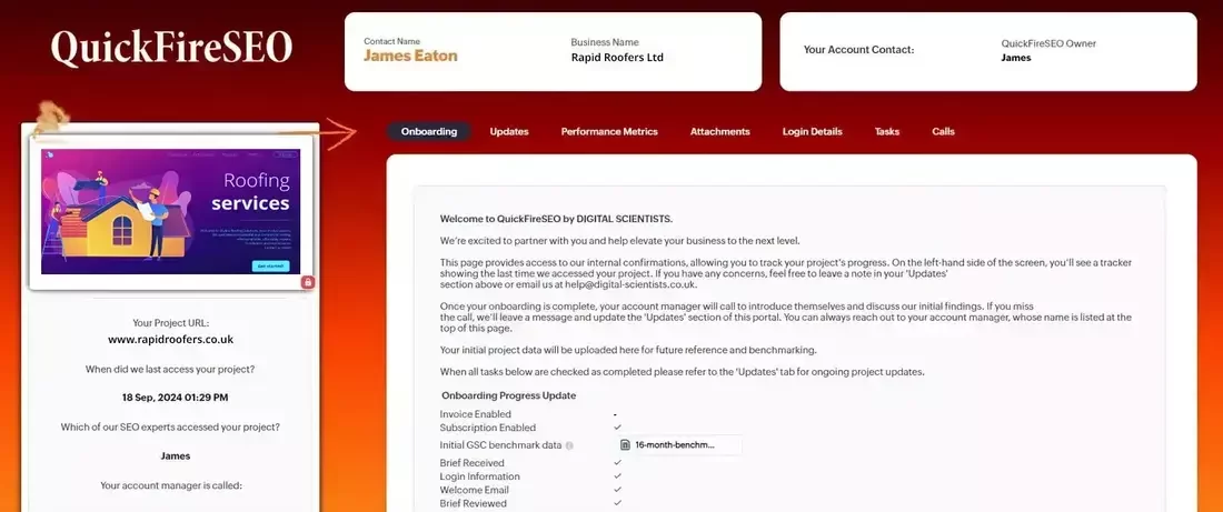 A screenshot of QuickFireSEO's portal for Rapid Roofers, displaying the project URL, progress tracker, and onboarding update details.