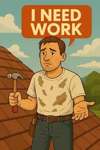 A roofer standing on a roof, looking worried while holding a hammer and expressing the need for work, with a speech bubble saying 'I NEED WORK'