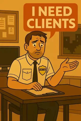 A vintage-style cartoon of a worried security guard seated at a wooden desk in a security office. He wears a pale-yellow uniform with a black tie and a “SECURITY” badge. Behind him is a computer monitor and a bulletin board with pinned notes. An orange speech bubble above his head reads “I NEED CLIENTS.”