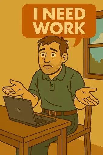 A vintage-style cartoon of a worried sole trader sitting at a wooden desk with a laptop. He shrugs with both palms up, looking frustrated. Above his head is an orange speech bubble with white text reading “I NEED WORK,” set against a simple room interior with a window showing a green landscape.