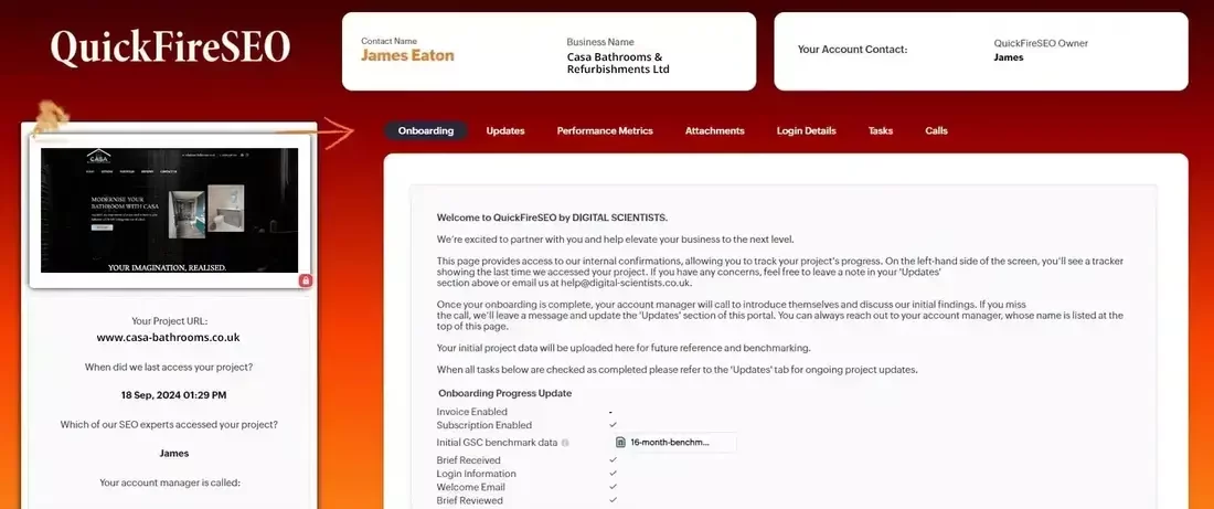 Screenshot of the QuickFireSEO portal configured for a sole-trader client. The header features the QuickFireSEO logo on a red-orange gradient background, with fields for Contact Name, Business Name and an Account Contact. Below is a tabbed menu showing Onboarding, Updates, Performance Metrics, Attachments, Login Details, Tasks and Calls. The left sidebar displays a preview of the client’s website with the project URL, last access date and the team member who viewed it.