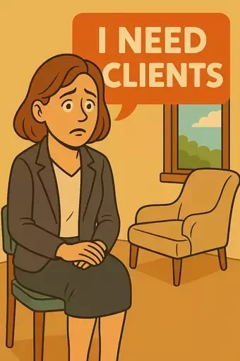 A warm-toned, cartoon-style illustration of a worried female therapist sitting on a chair in her office, facing an empty cushioned therapy chair and a window overlooking a calm, green landscape. Above her head is a bright orange speech bubble with bold white text reading “I NEED CLIENTS.”
