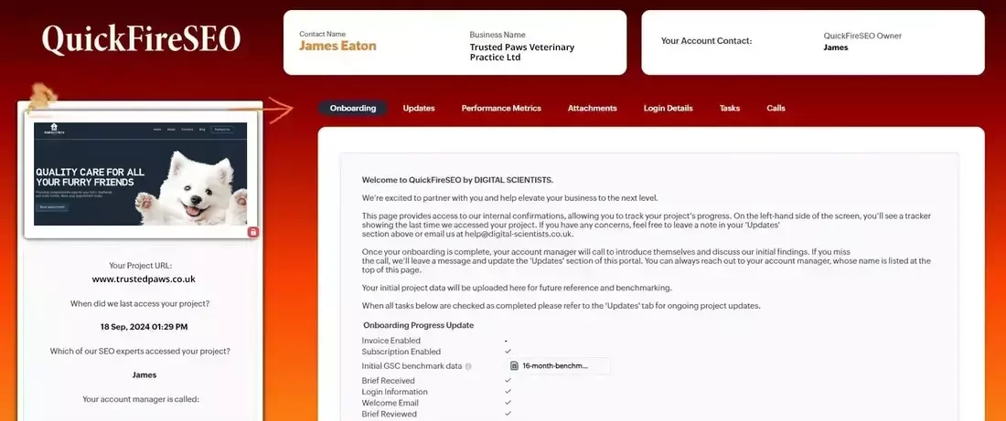 QuickFireSEO portal displaying onboarding progress for Trusted Paws Veterinary Practice Ltd, with details on project tracking and progress updates for their SEO strategy