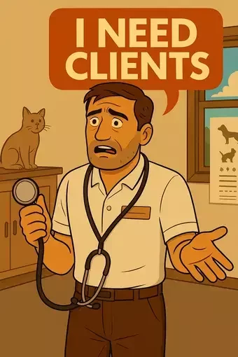 A cartoon illustration of a veterinarian standing in an animal clinic with a stethoscope in hand, saying 'I NEED CLIENTS.' A cat is sitting on a shelf in the background, and there's a poster of animals on the wall